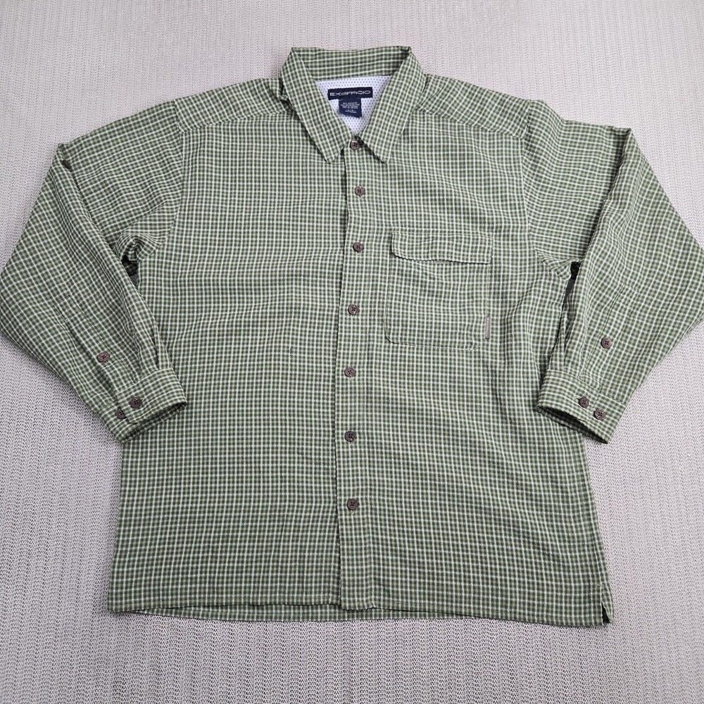 ExOfficio Shirt Mens Large Green Check Lined Vented Button Up Outdoor Casual